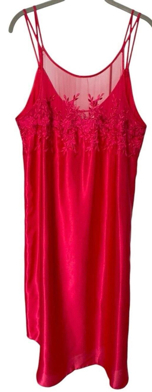 Vintage Dentelle Sz XL Red Satin Embroidered Lingerie Night Gown Slip Dress